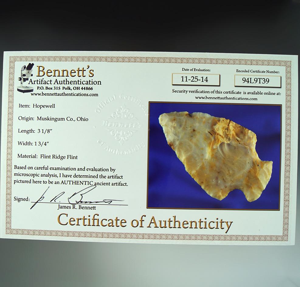 3 1/8" Hopewell made from Flint Ridge Flint found in Muskingum Co.,  Ohio. Bennett COA.