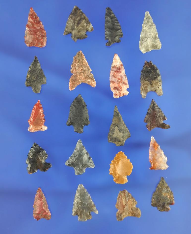 Set of 20 assorted arrowheads found in northern California, largest is 5/8".
