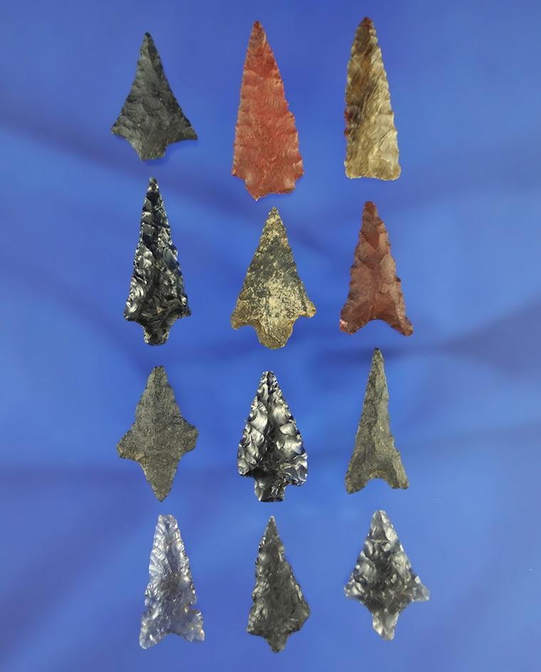 Set of 12 assorted arrowheads found in northern California, largest is 1 1/4".