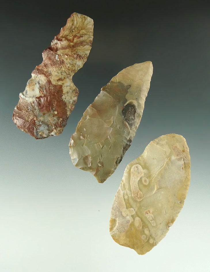 Set of three Flint blades found in Ohio, largest is 3 1/2". Ex. John Anspaugh collection.
