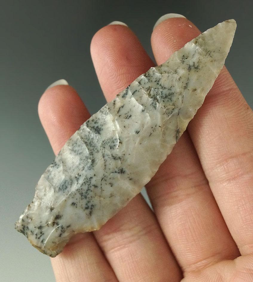 Beautiful material on this 3 1/4" Archaic Stemmed point found in Licking Co., Ohio - Flint Ridge Fli