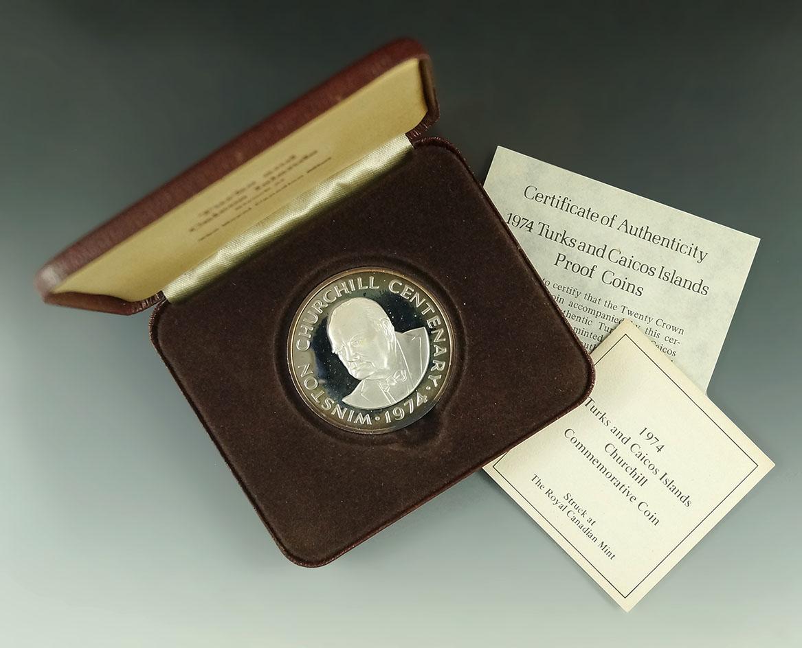 1974 Turks and Caicos Islands Proof Winston Churchill 20 Crown in Original Box with COA