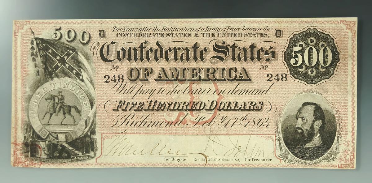 Confederate Feb. 17th 1864 500 Dollar Note XF