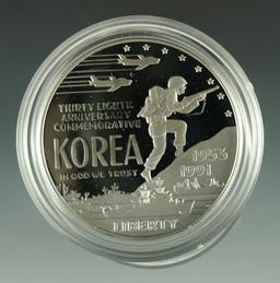 1991-P Korean War Memorial Proof Commemorative Silver Dollar in Original Box with COA