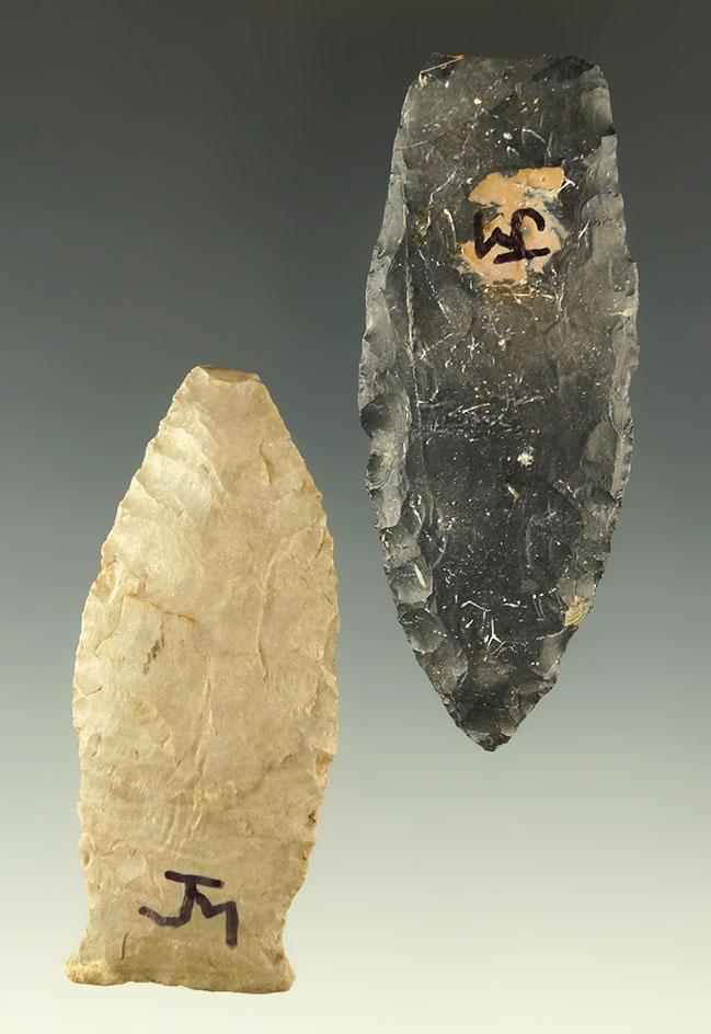Pair of Paleo points found in Ohio, largest is 2 5/8". Ex. Dr. Jim Mills.