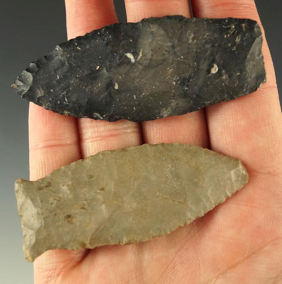 Pair of Paleo points found in Ohio, largest is 2 5/8". Ex. Dr. Jim Mills.