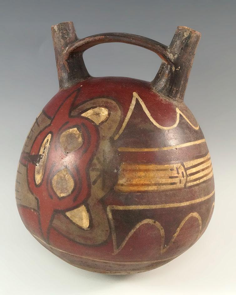 Ex. Museum! 6 1/2" by 5 1/4" Nasca stirrup vessel with jaguars painted on the exterior. Peru. COA.