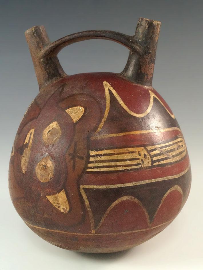 Ex. Museum! 6 1/2" by 5 1/4" Nasca stirrup vessel with jaguars painted on the exterior. Peru. COA.