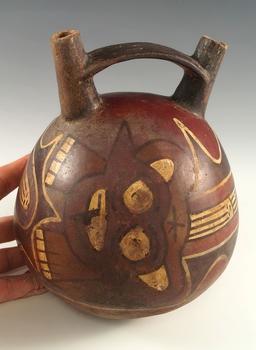 Ex. Museum! 6 1/2" by 5 1/4" Nasca stirrup vessel with jaguars painted on the exterior. Peru. COA.