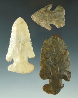 Set of three Archaic Thebes Bevels found in Ohio, largest is 2 5/8". Ex. Dr. Jim Mills.