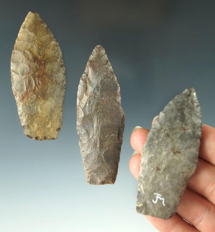 Set of three Paleo Lanceolates found in Ohio, largest is 2 13/16". Ex. Dr. Jim Mills.