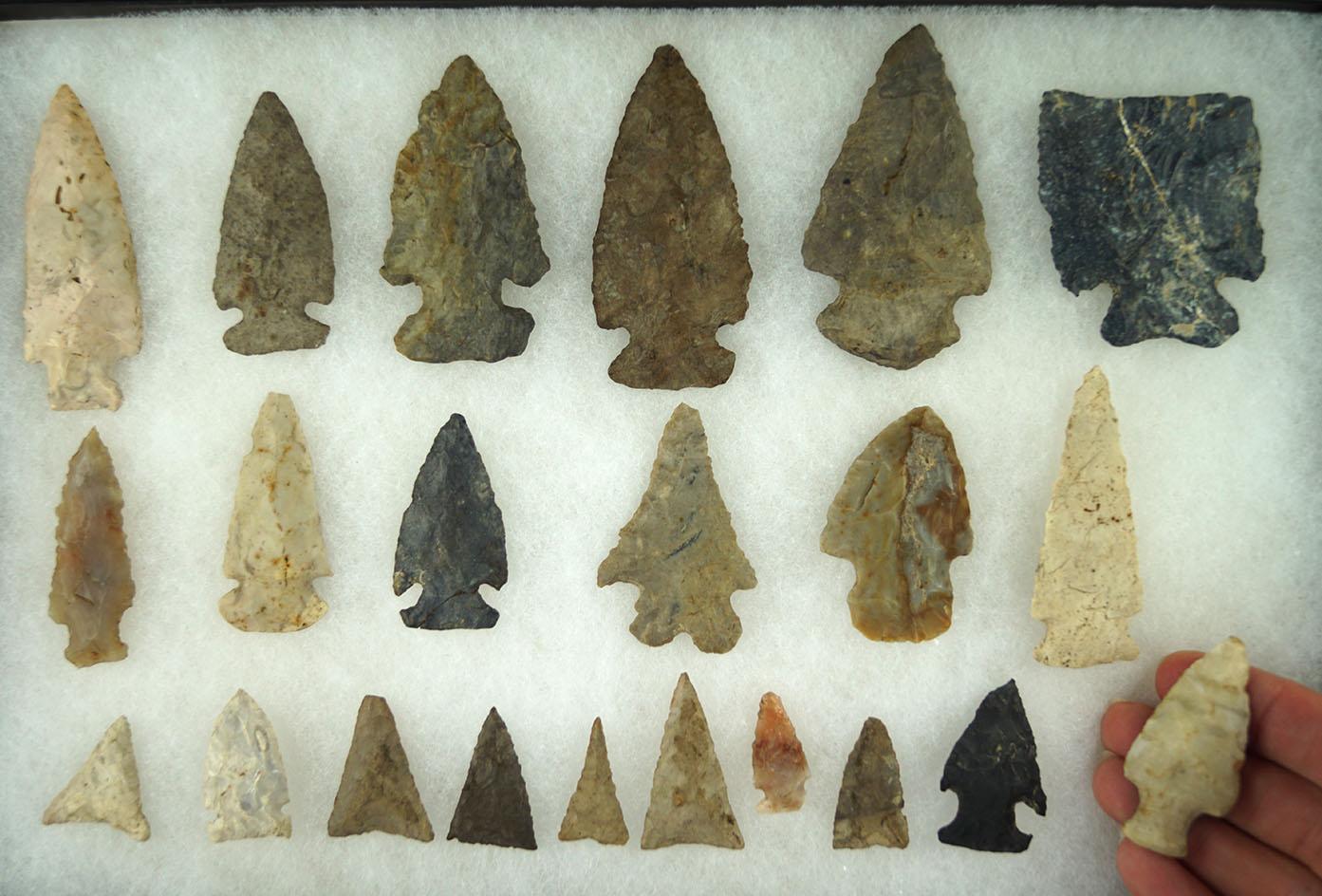 Set of 22 assorted arrowheads found in Ohio from the Kinsler collection.  Ex. Dr. Jim Mills.