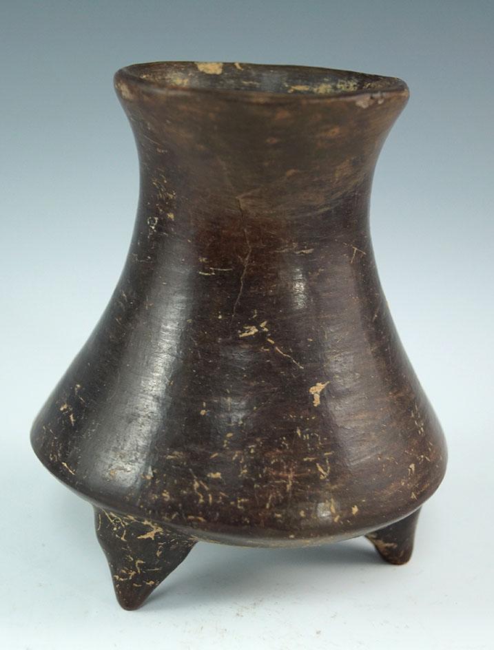 4 1/2" tall tri-leg pottery vessel. Highly polished brownware. Corobici culture, Costa Rica. Intact.