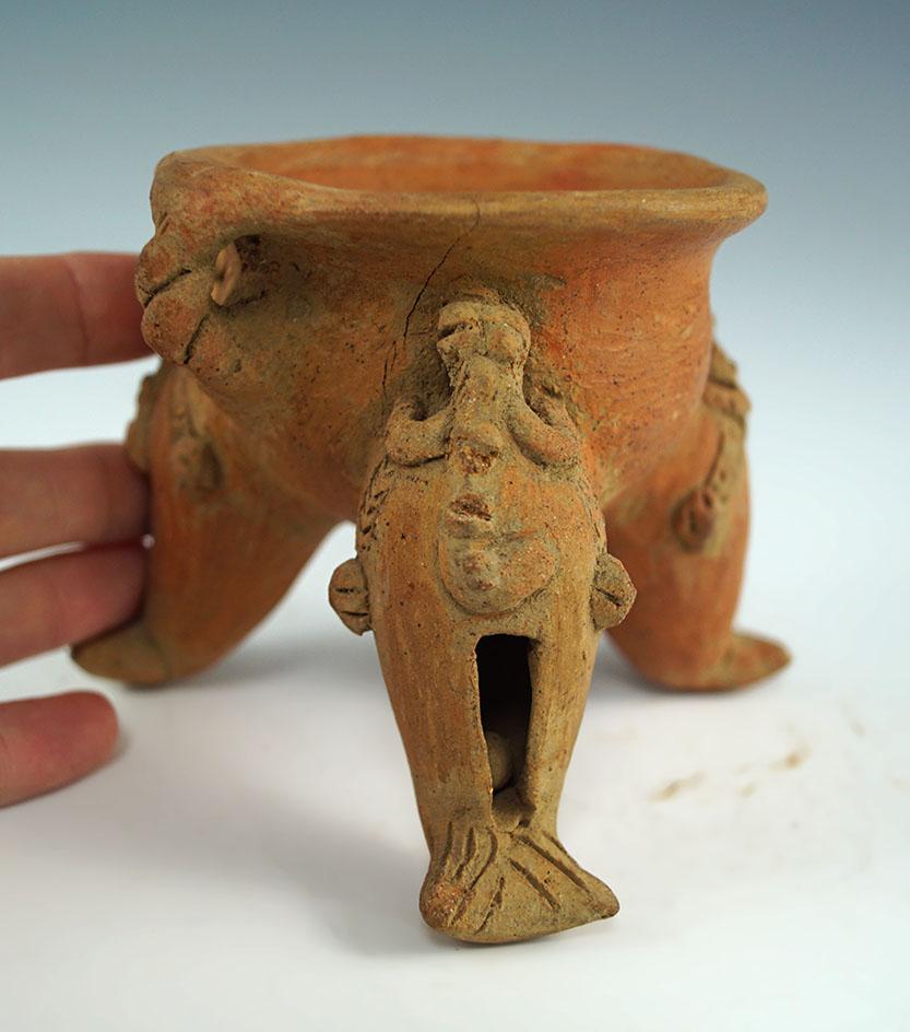 Tripod bowl with fish effigy legs - Chiriqui culture, Panama/Costa Rica area. Intact condition.