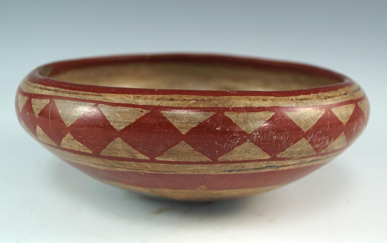 Chupicuaro polychrome bowl that is 5 1/2" diameter found in the Guanajuato, Mexico area. Solid.