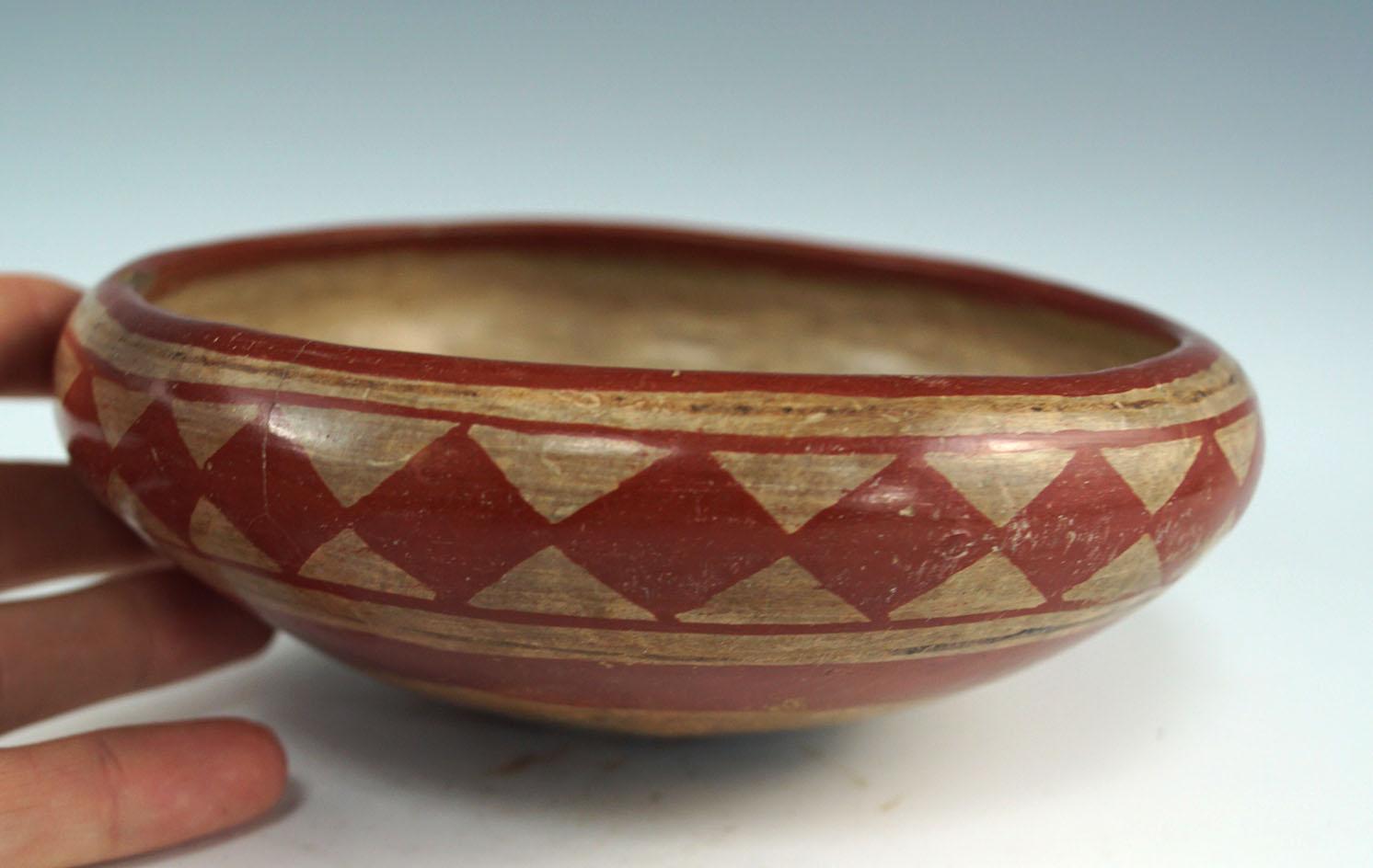 Chupicuaro polychrome bowl that is 5 1/2" diameter found in the Guanajuato, Mexico area. Solid.