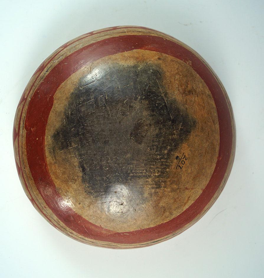 Chupicuaro polychrome bowl that is 5 1/2" diameter found in the Guanajuato, Mexico area. Solid.