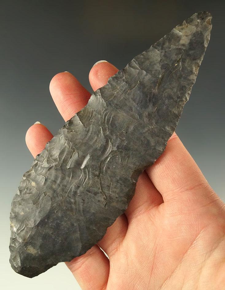 5 1/2" Coshocton Flint Stemmed Knife found in Crawford County Ohio. Ex. Dr. Jim Mills.