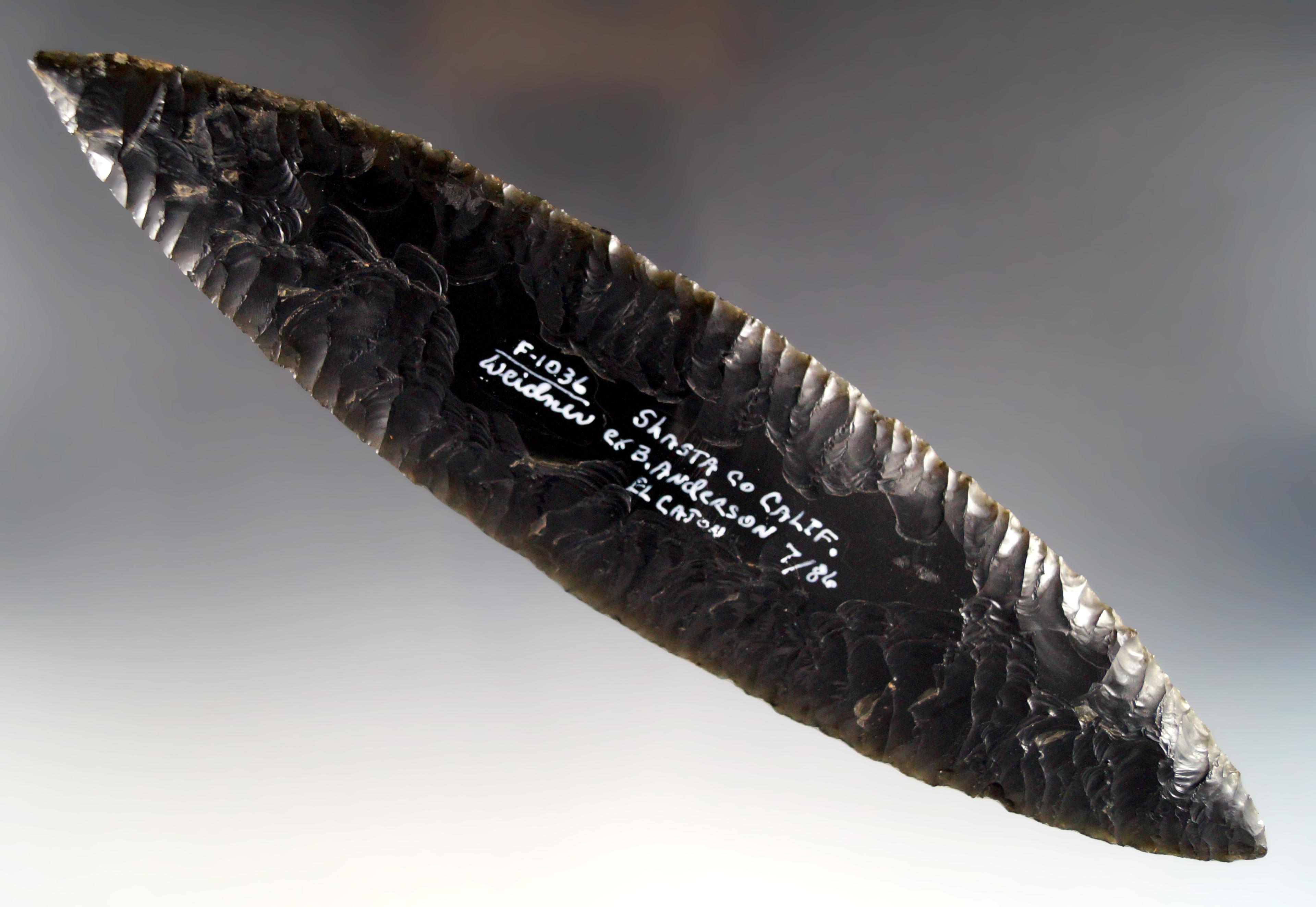 Very large 7 3/8" bi-pointed blade found in Shasta County, CA.  Stermer COA.