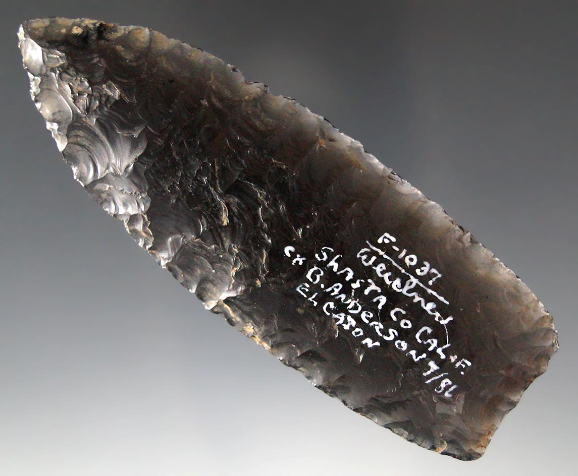 G-10! Truly awesome flaking! 3 9/16" translucent obsidian Agate Basin. Shasta Co., CA. COA.