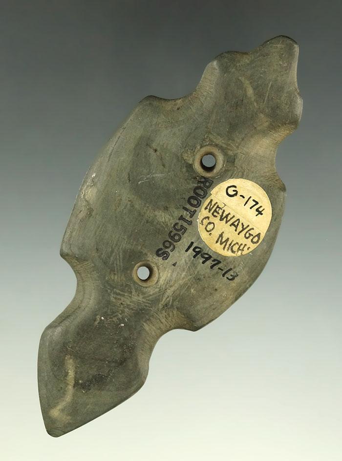 Uniquely styled 4 1/4" Hopewell Effigy Gorget - Newaygo Co., Michigan. Ex.  B.W. Stevens, Davis COA.