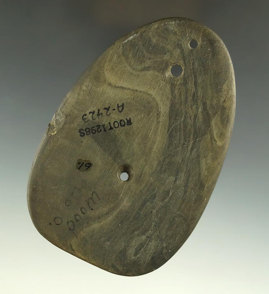 4 1/4" Glacial Kame 3 Hole Ovate Gorget - Wood Co., Ohio. Ex.Hooks, Pictured in Ohio Slate Types.
