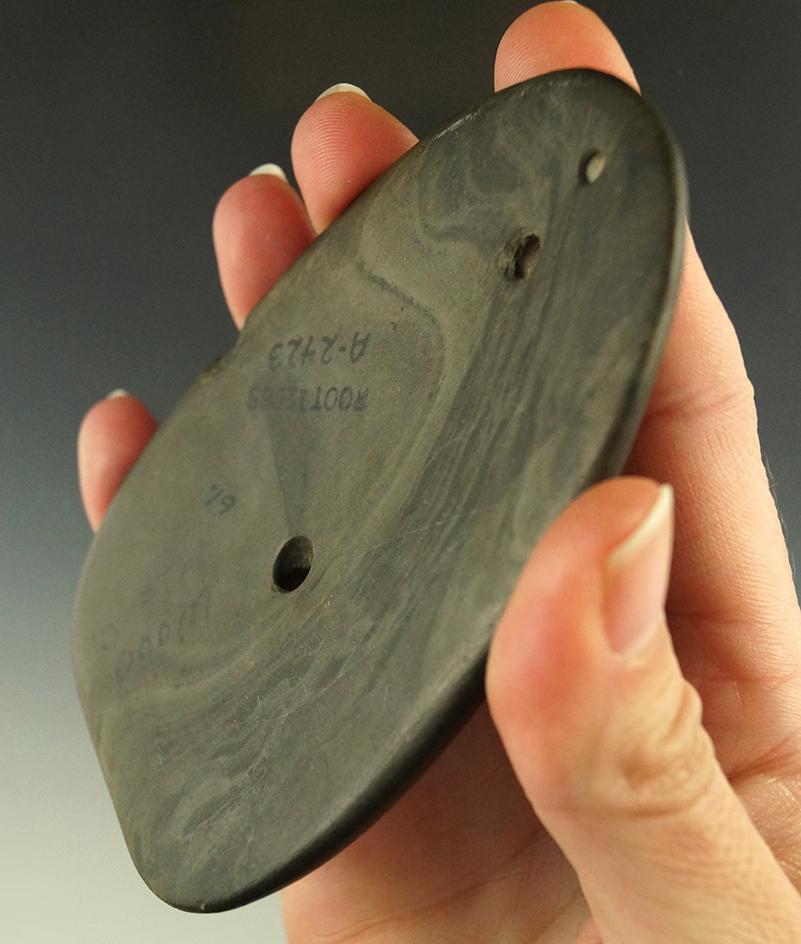 4 1/4" Glacial Kame 3 Hole Ovate Gorget - Wood Co., Ohio. Ex.Hooks, Pictured in Ohio Slate Types.