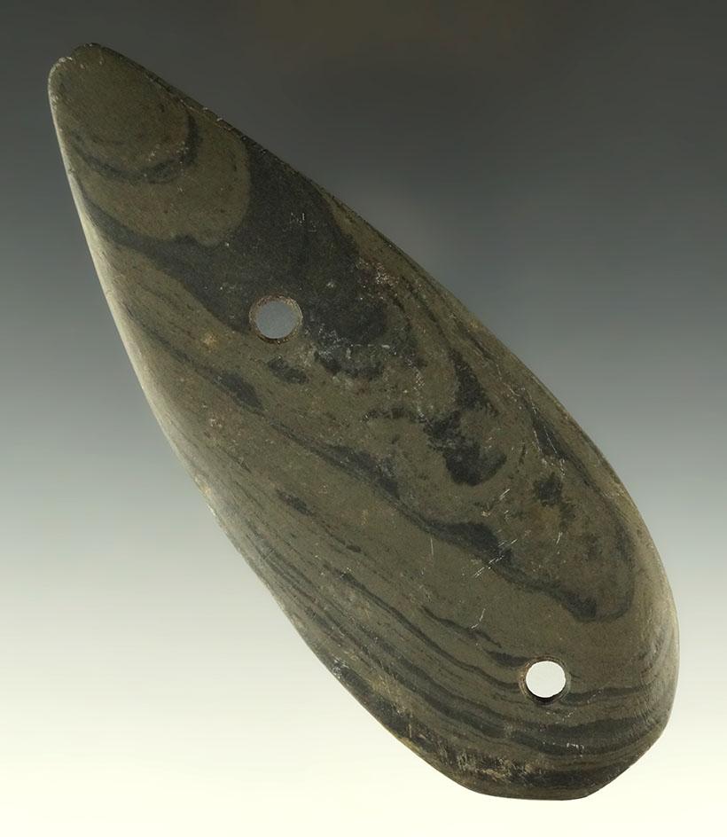 4 3/4" Tallied Glacial Kame Teardrop Gorget, found in Van Wert Co., Ohio. Ex. Fredit, Weaver.