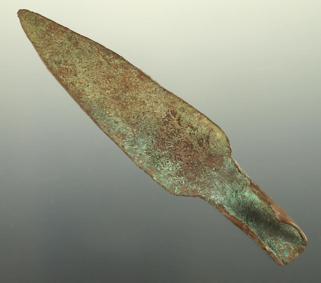 Nice! 3 9/16" old world copper or bronze socketed projectile point in good condition.