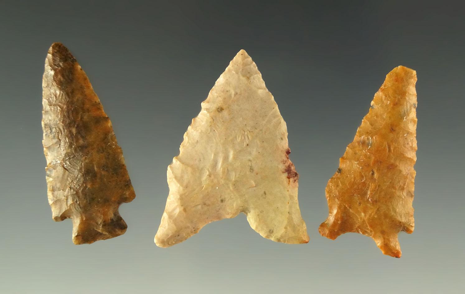 Set of three Nebraska arrowheads, largest is 1 5/16".