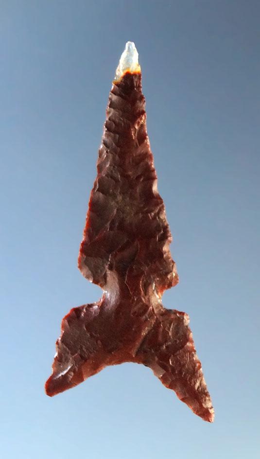 1 1/8" Awatovi Sidenotch point made from maroon and clear agate found in Mesa Co. Colorado.