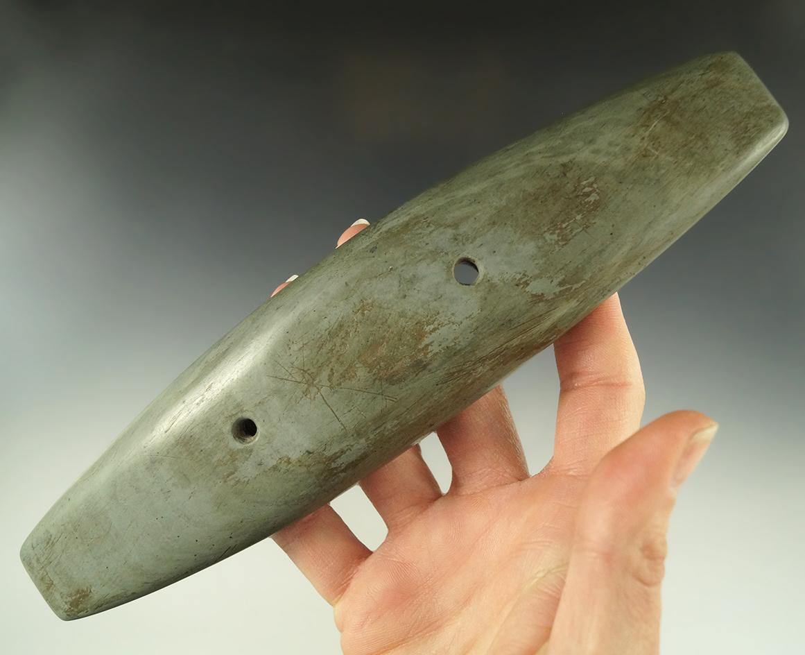 Huge! 8 3/4" long Adena Gorget made from light green slate, Lorain Co., Ohio - Pictured!