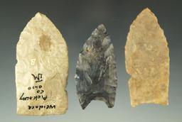 Set of three Paleo Lanceolates found in Ohio, largest is 2 1/4".