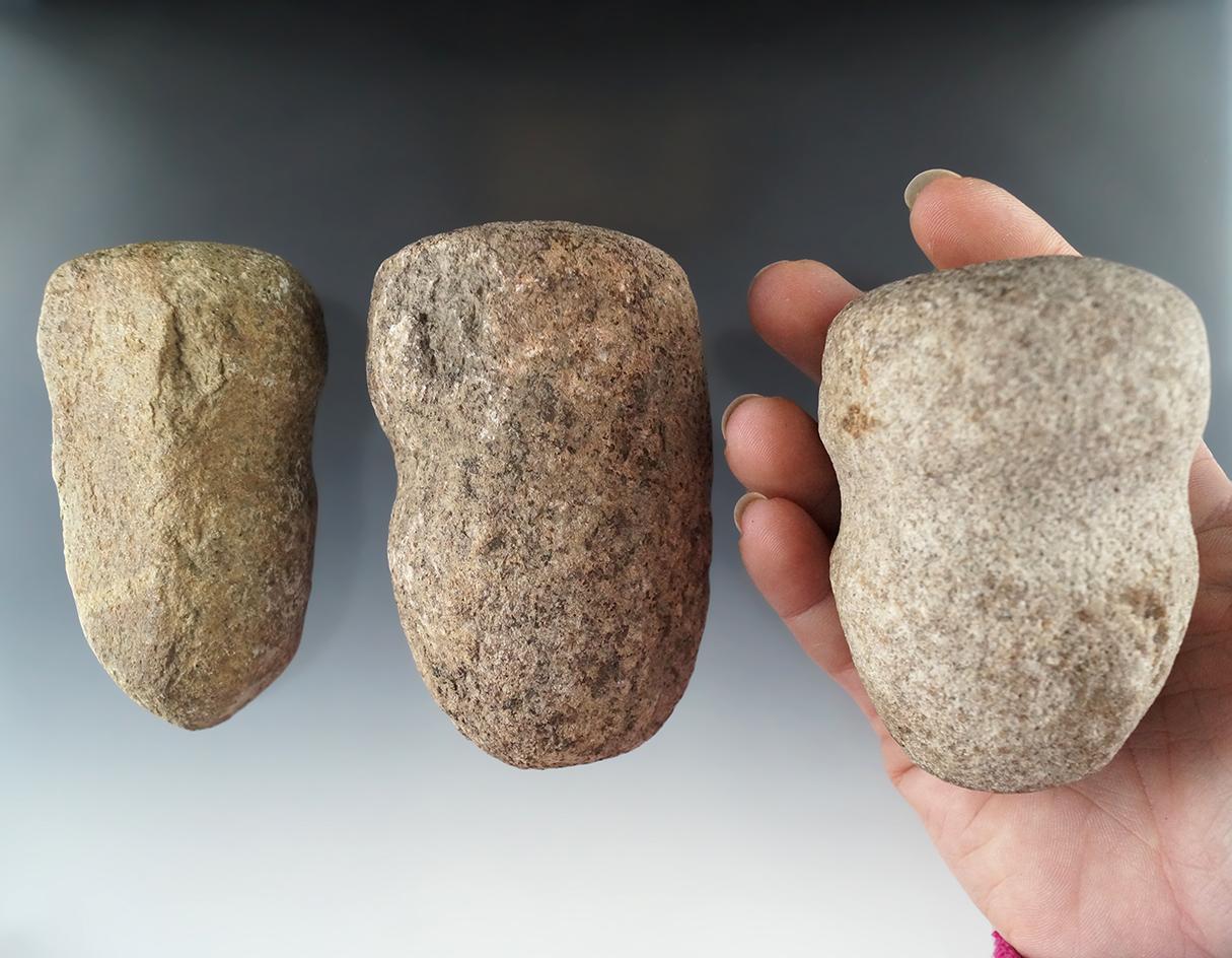 Set of three grooved Hammerstones found in Michigan, largest is 3 3/4". All are nice examples.