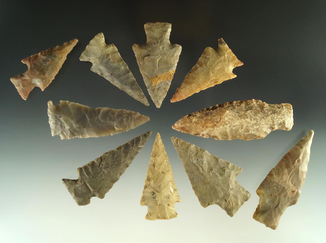 Group of 10 assorted Texas arrowheads, largest is 2 11/16".