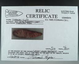 3" Harahey Knife - attractive red Alibates chert found in Northwest Texas. Rogers COA.