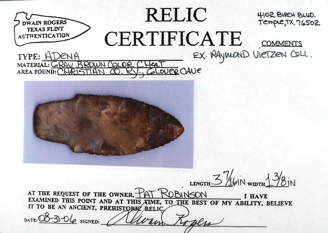 3 7/16" Adena found at Glover's Cave, Christian Co., Kentucky. Ex. Raymond Vietzen. Rogers COA.