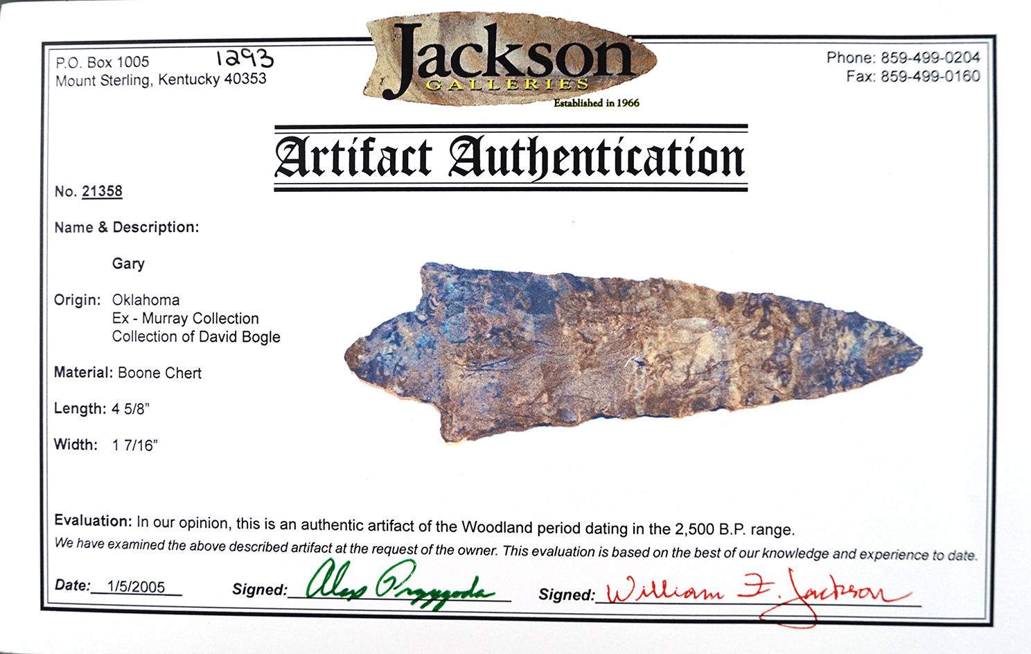 Large, well patinated 4 5/8" Gary point found in Oklahoma. Comes with a Jackson COA.