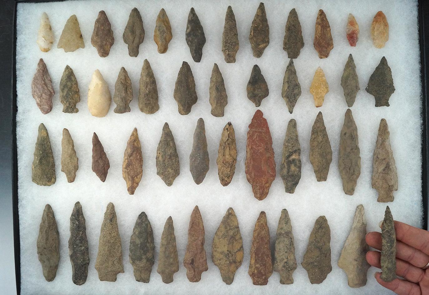 Group of approximately 48 assorted arrowheads found in New Jersey, largest is 3 1/8".