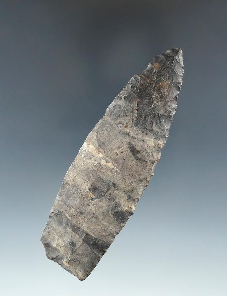 3 5/8" Thin, heavily patinated and nicely styled Paleo Lanceolate, Coshocton Co., Ohio.