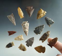 Set of 15 assorted arrowheads found in Merriman Co., Nebraska. Largest is 1 7/16" Ex. Bob Roth.