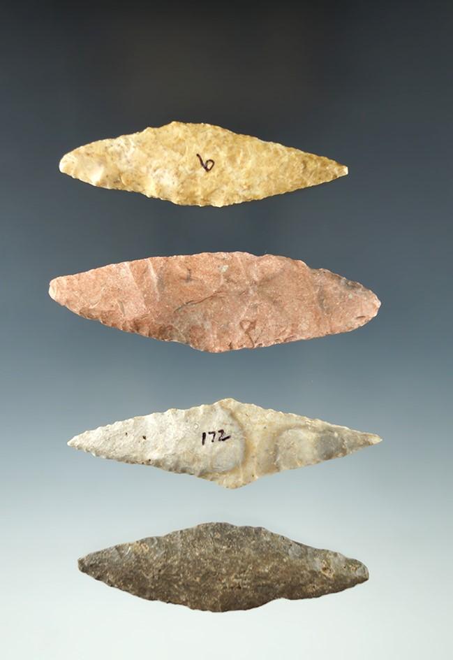 Set of four Harahey Knives found in the Kansas area. Largest is 3 1/16".