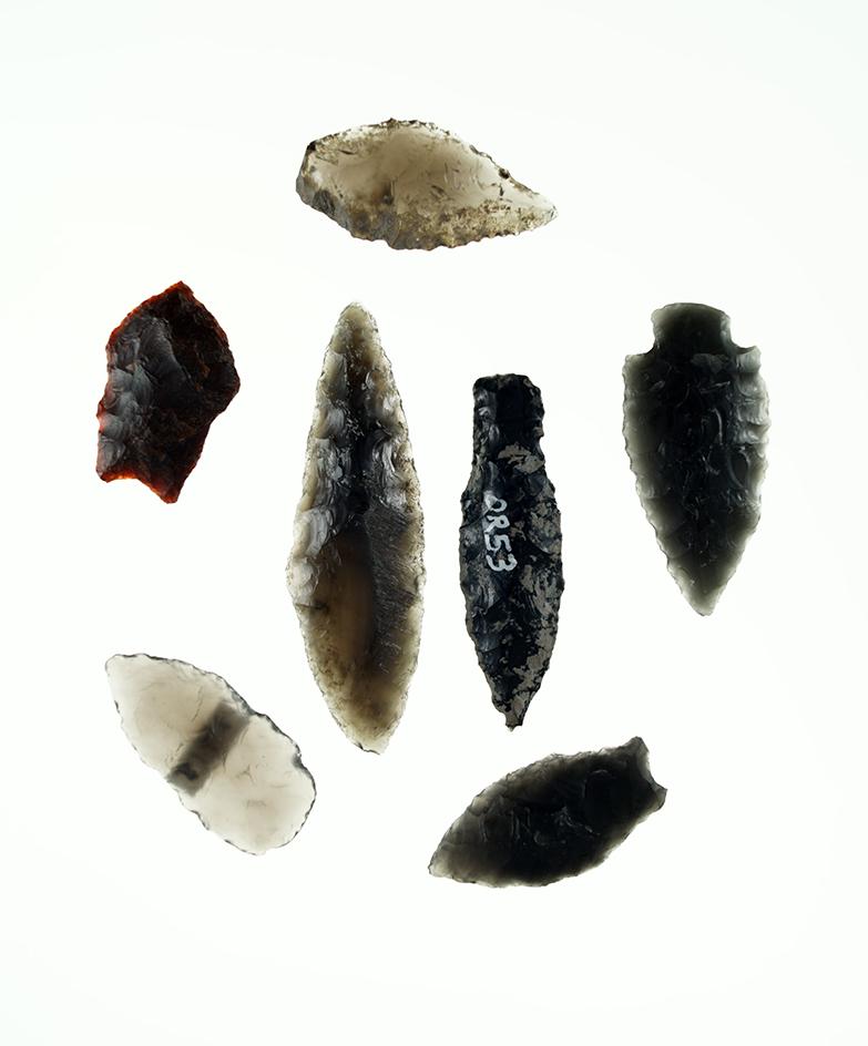 Set of seven arrowheads found in Oregon, largest is 2 5/16".