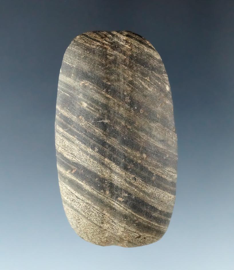 2 3/8" Banded Glacial Slate Loafstone that is grooved on the top, found in Mercer Co., Ohio.