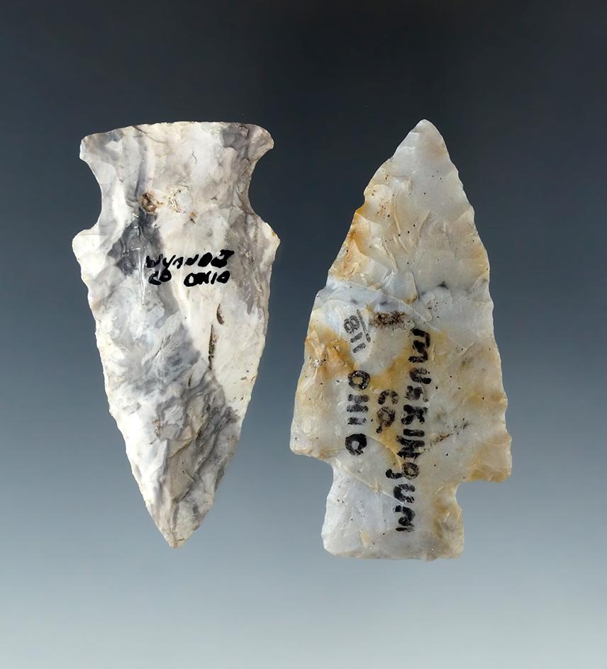 Pair of well made arrowheads found in Wyandot and Muskingum Co, Ohio, largest is 2 11/16".