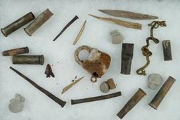 Group of assorted rare cartridges, rolled copper tube beads, square nails etc.  Washington.