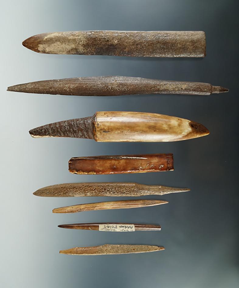 Group of 8 assorted bone Inuit artifacts found in Alaska.  Largest is 6 1/2".