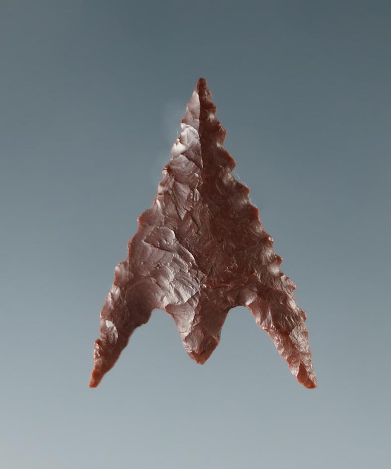 Museum! 15/16" well styled red Jasper Gunther point found in southern Oregon. Ex. Shewey.