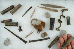 Group of assorted rare cartridges, rolled copper tube beads, square nails etc.  Washington.