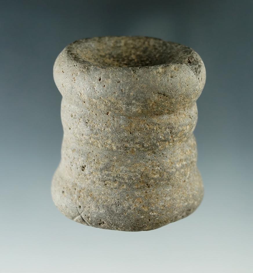 2 1/16" tall double cupped decorated paint pot found by C. Hall near the Columbia River, Oregon.